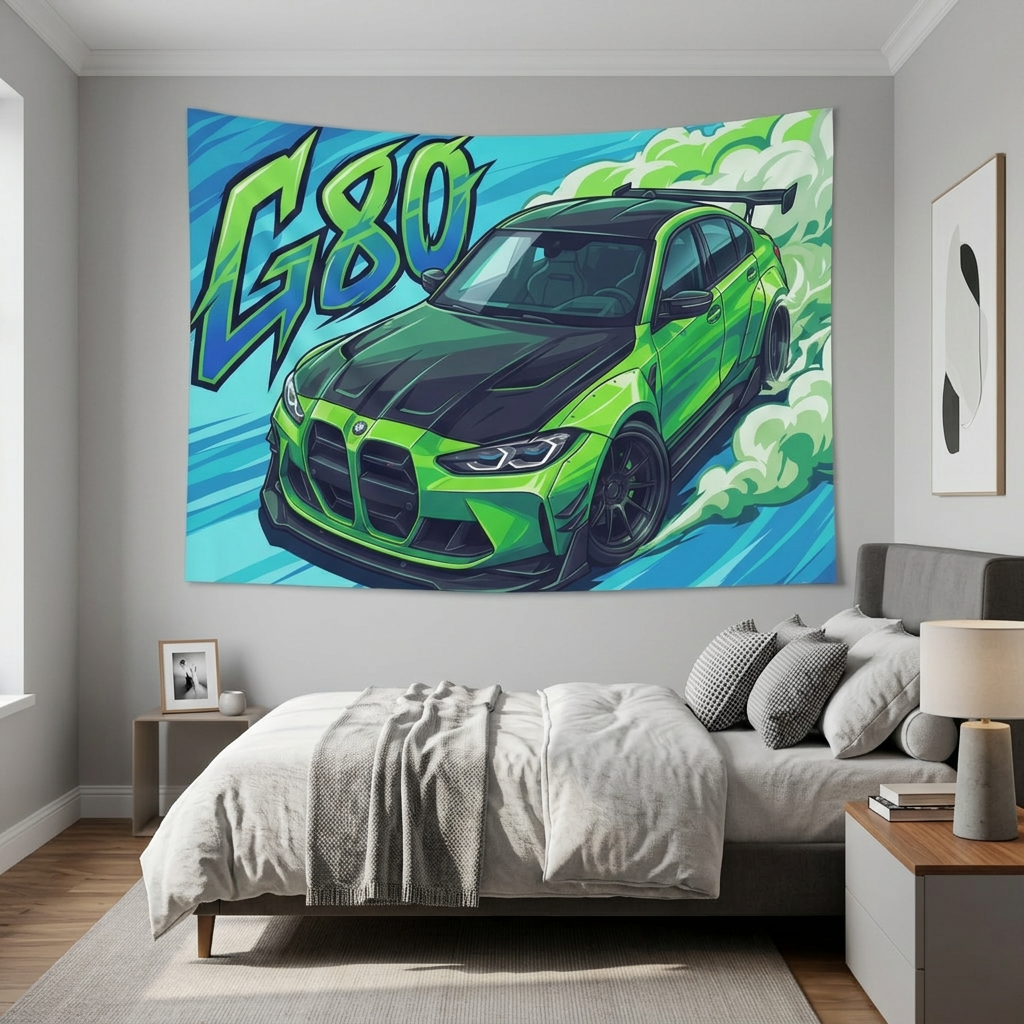 BMW M3 G80 Lime Green Black Bonnet Graffiti Style Aerial Bold Graphic Car Wall Art Tapestry
