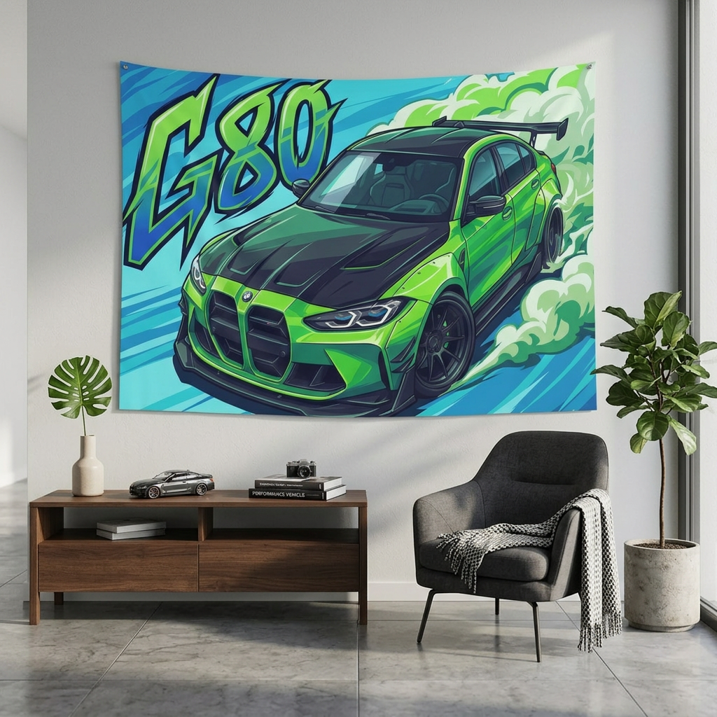 BMW M3 G80 Lime Green Black Bonnet Graffiti Style Aerial Bold Graphic Car Wall Art Tapestry