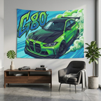 BMW M3 G80 Lime Green Black Bonnet Graffiti Style Aerial Bold Graphic Car Wall Art Tapestry