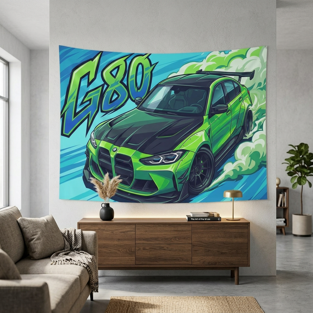 BMW M3 G80 Lime Green Black Bonnet Graffiti Style Aerial Bold Graphic Car Wall Art Tapestry