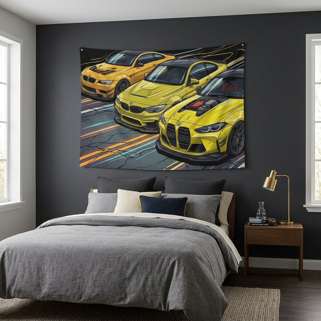 BMW M3 & M4 Generations Neon Car Wall Art Tapestry