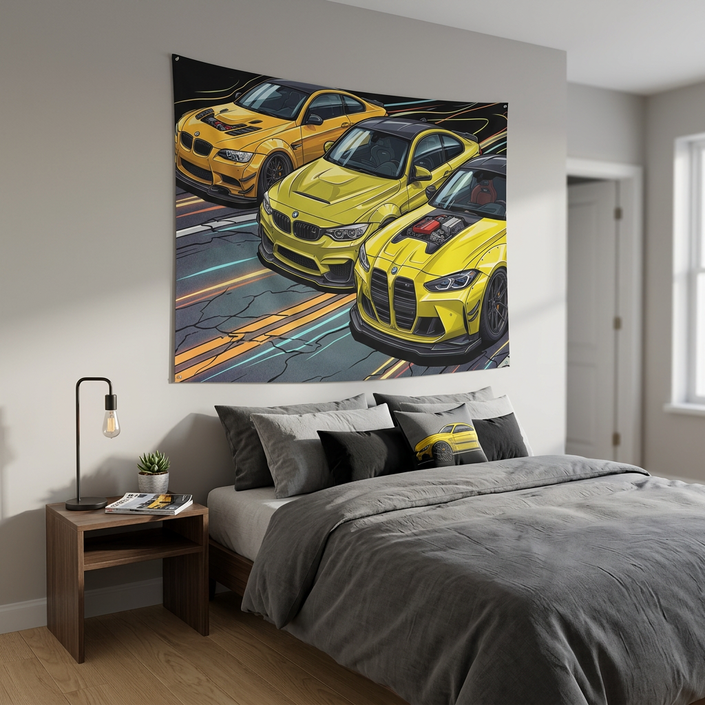 BMW M3 & M4 Generations Neon Car Wall Art Tapestry