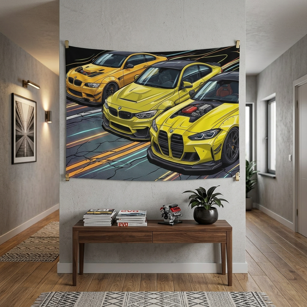 BMW M3 & M4 Generations Neon Car Wall Art Tapestry