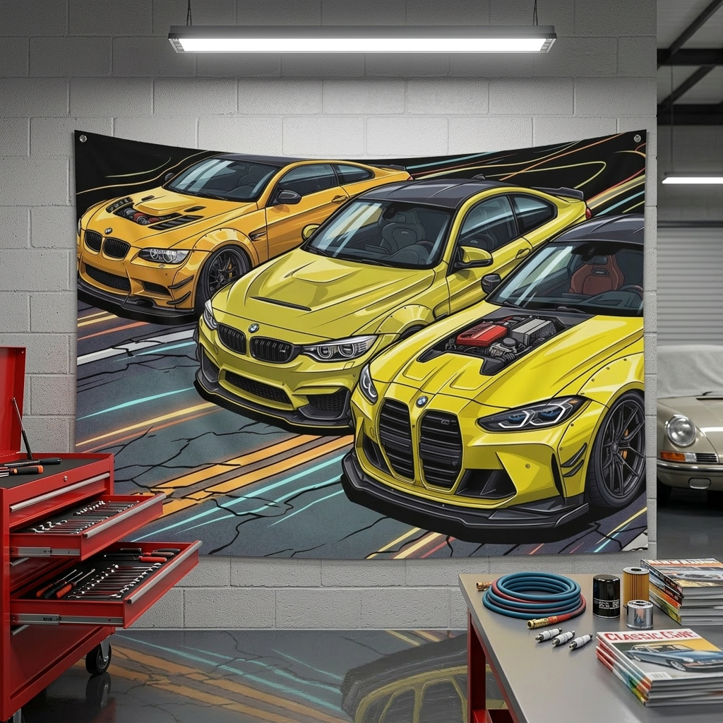 BMW M3 & M4 Generations Neon Car Wall Art Tapestry