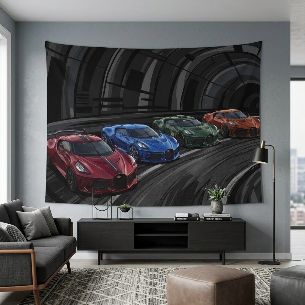 Bugatti Hypercars La Voiture Noire Chiron Divo Tunnel Car Wall Art Tapestry