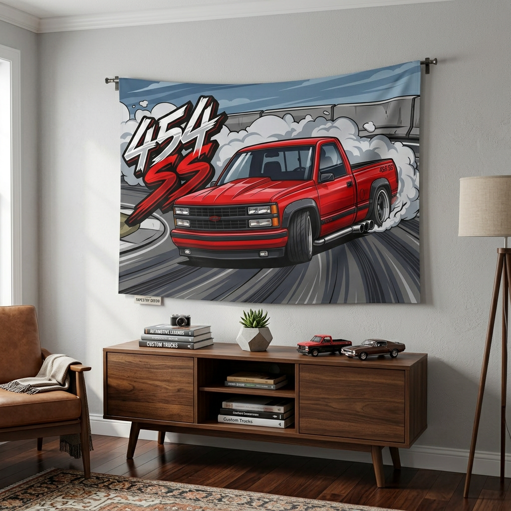 Chevrolet 454 SS Pickup Red Black Trim Dark Wheels Drag Strip Burnout Bold Graphic Car Wall Art Tapestry