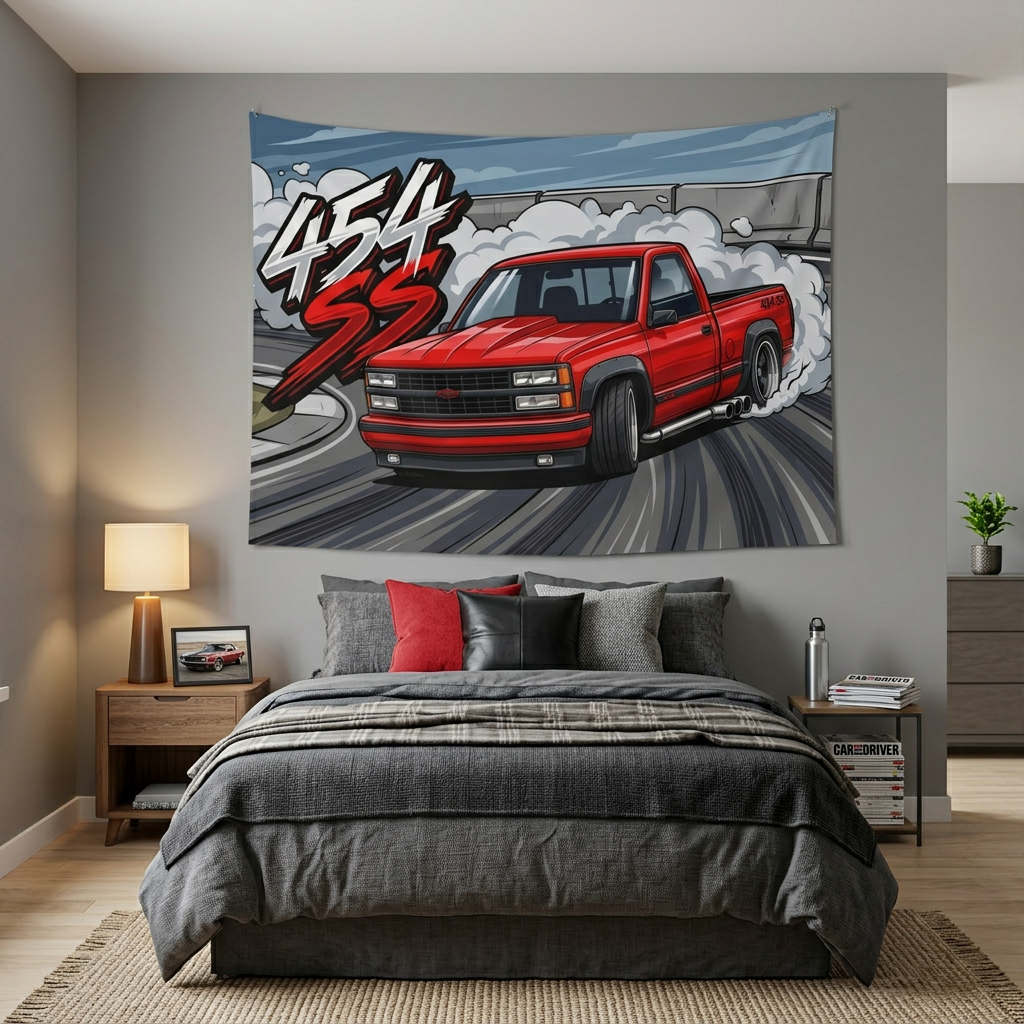 Chevrolet 454 SS Pickup Red Black Trim Dark Wheels Drag Strip Burnout Bold Graphic Car Wall Art Tapestry