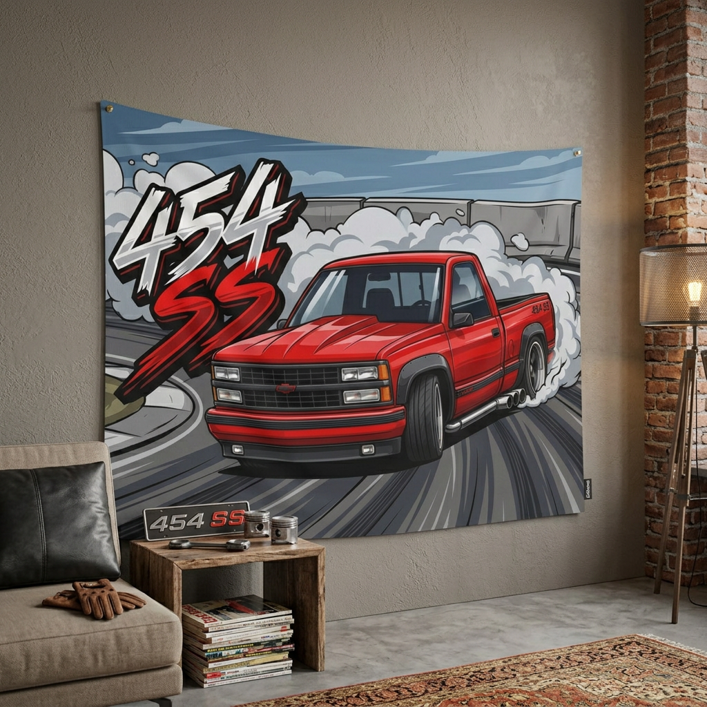 Chevrolet 454 SS Pickup Red Black Trim Dark Wheels Drag Strip Burnout Bold Graphic Car Wall Art Tapestry