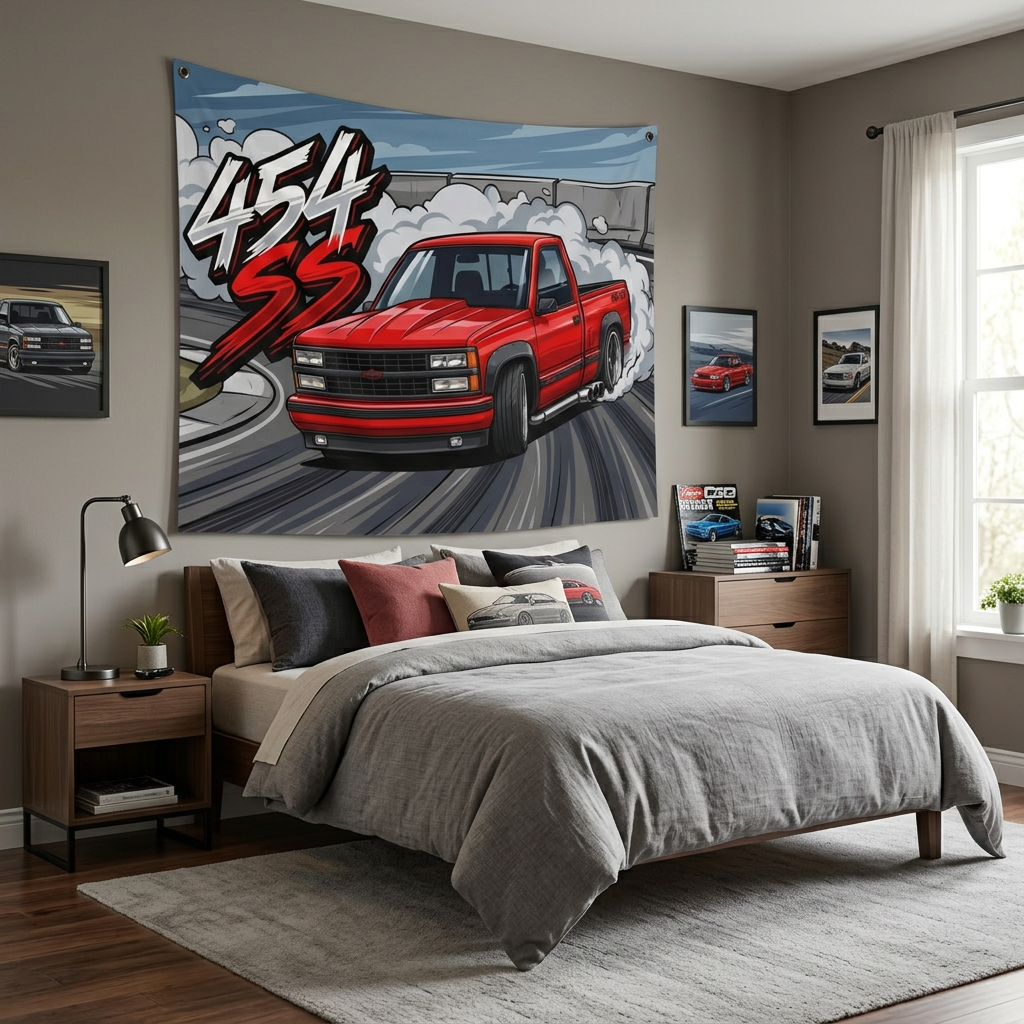 Chevrolet 454 SS Pickup Red Black Trim Dark Wheels Drag Strip Burnout Bold Graphic Car Wall Art Tapestry