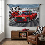 Chevrolet 454 SS Pickup Red Black Trim Dark Wheels Drag Strip Burnout Bold Graphic Car Wall Art Tapestry