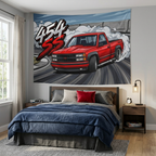 Chevrolet 454 SS Pickup Red Black Trim Dark Wheels Drag Strip Burnout Bold Graphic Car Wall Art Tapestry