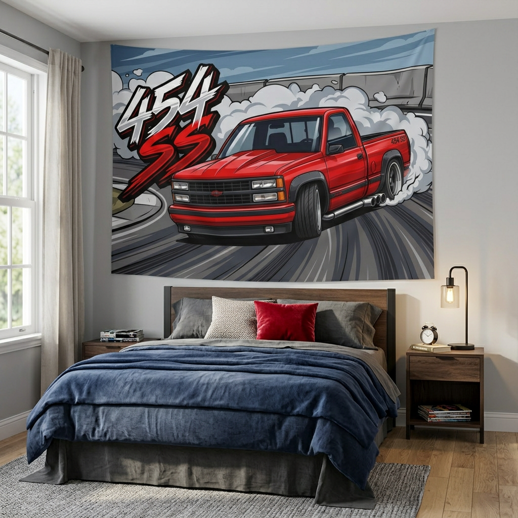 Chevrolet 454 SS Pickup Red Black Trim Dark Wheels Drag Strip Burnout Bold Graphic Car Wall Art Tapestry