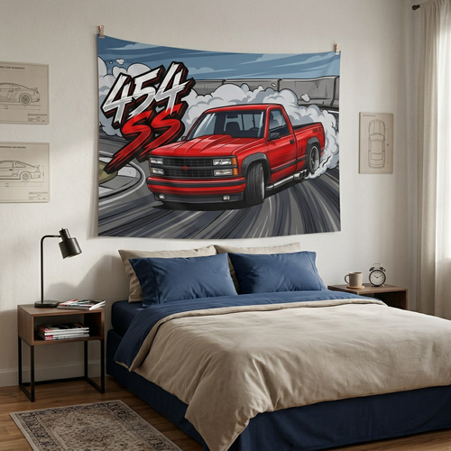 Chevrolet 454 SS Pickup Red Black Trim Dark Wheels Drag Strip Burnout Bold Graphic Car Wall Art Tapestry