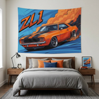 Chevrolet Camaro ZL1 1969 Orange Black Stripe Dark Wheels Front Bold Graphic Car Wall Art Tapestry