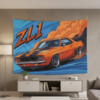 Chevrolet Camaro ZL1 1969 Orange Black Stripe Dark Wheels Front Bold Graphic Car Wall Art Tapestry