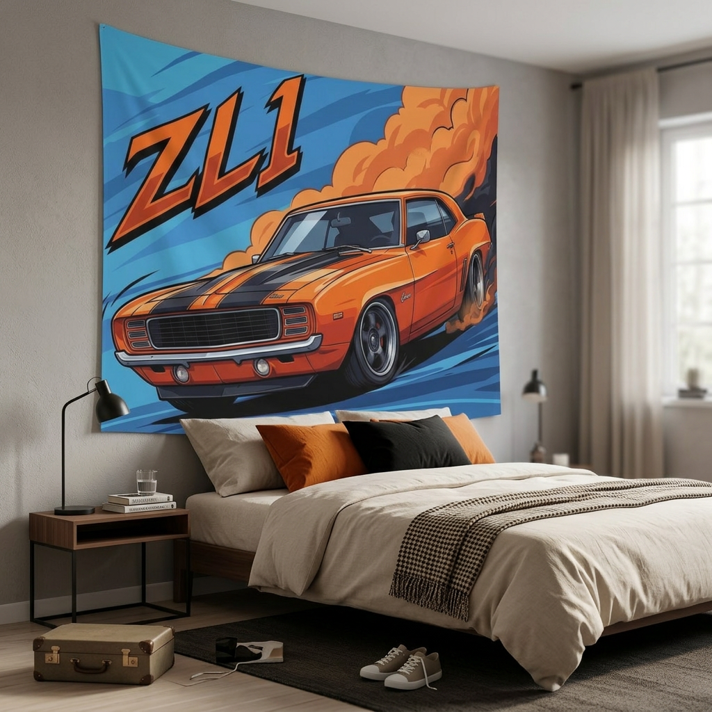 Chevrolet Camaro ZL1 1969 Orange Black Stripe Dark Wheels Front Bold Graphic Car Wall Art Tapestry