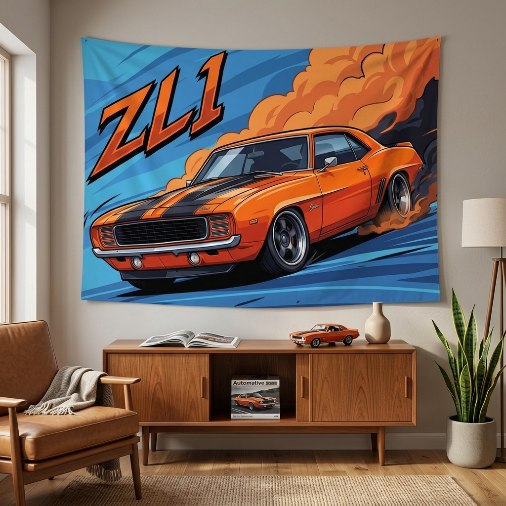 Chevrolet Camaro ZL1 1969 Orange Black Stripe Dark Wheels Front Bold Graphic Car Wall Art Tapestry