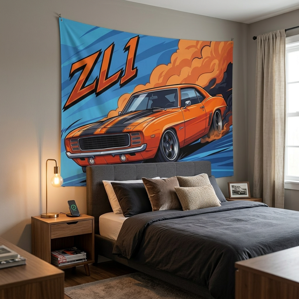 Chevrolet Camaro ZL1 1969 Orange Black Stripe Dark Wheels Front Bold Graphic Car Wall Art Tapestry