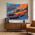 Chevrolet Camaro ZL1 1969 Orange Black Stripe Dark Wheels Front Bold Graphic Car Wall Art Tapestry