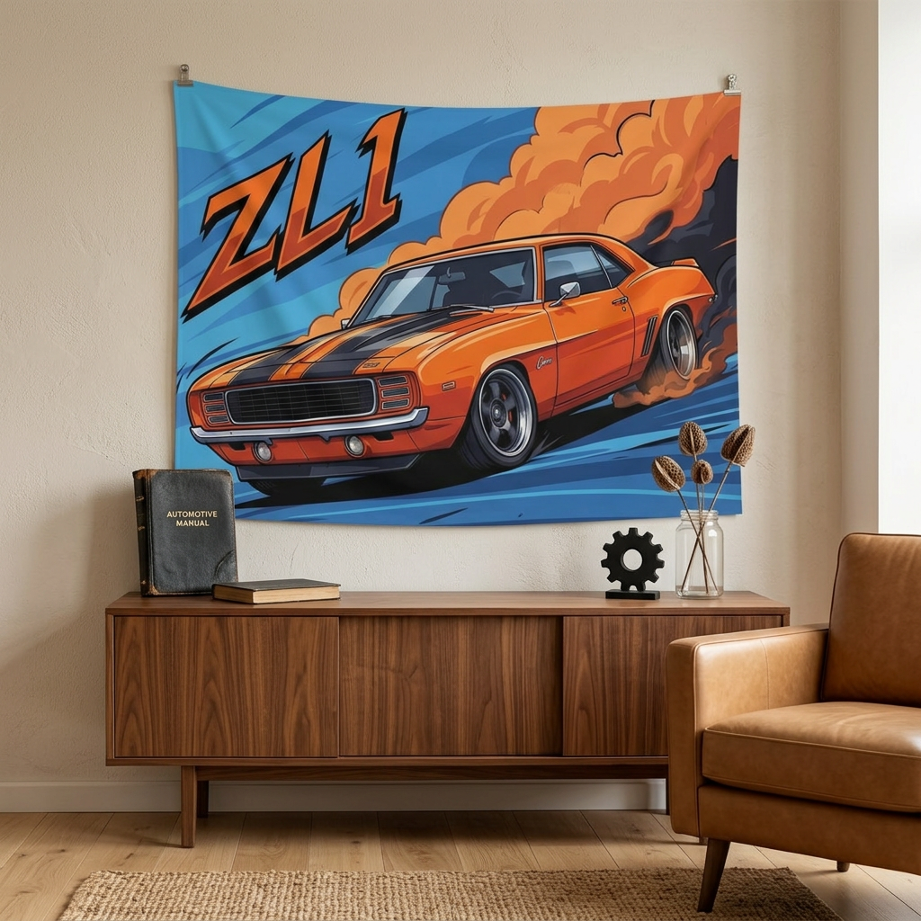 Chevrolet Camaro ZL1 1969 Orange Black Stripe Dark Wheels Front Bold Graphic Car Wall Art Tapestry