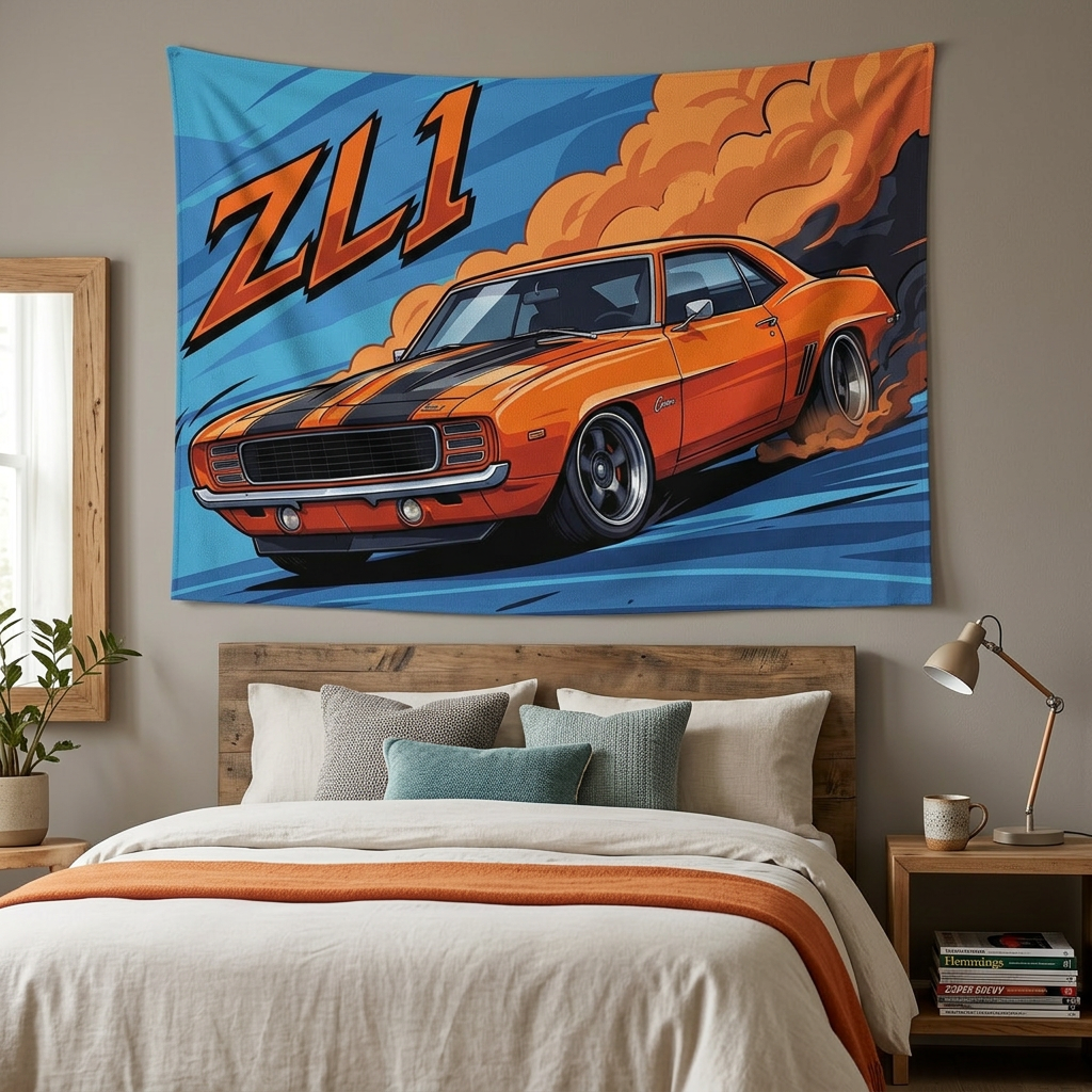 Chevrolet Camaro ZL1 1969 Orange Black Stripe Dark Wheels Front Bold Graphic Car Wall Art Tapestry