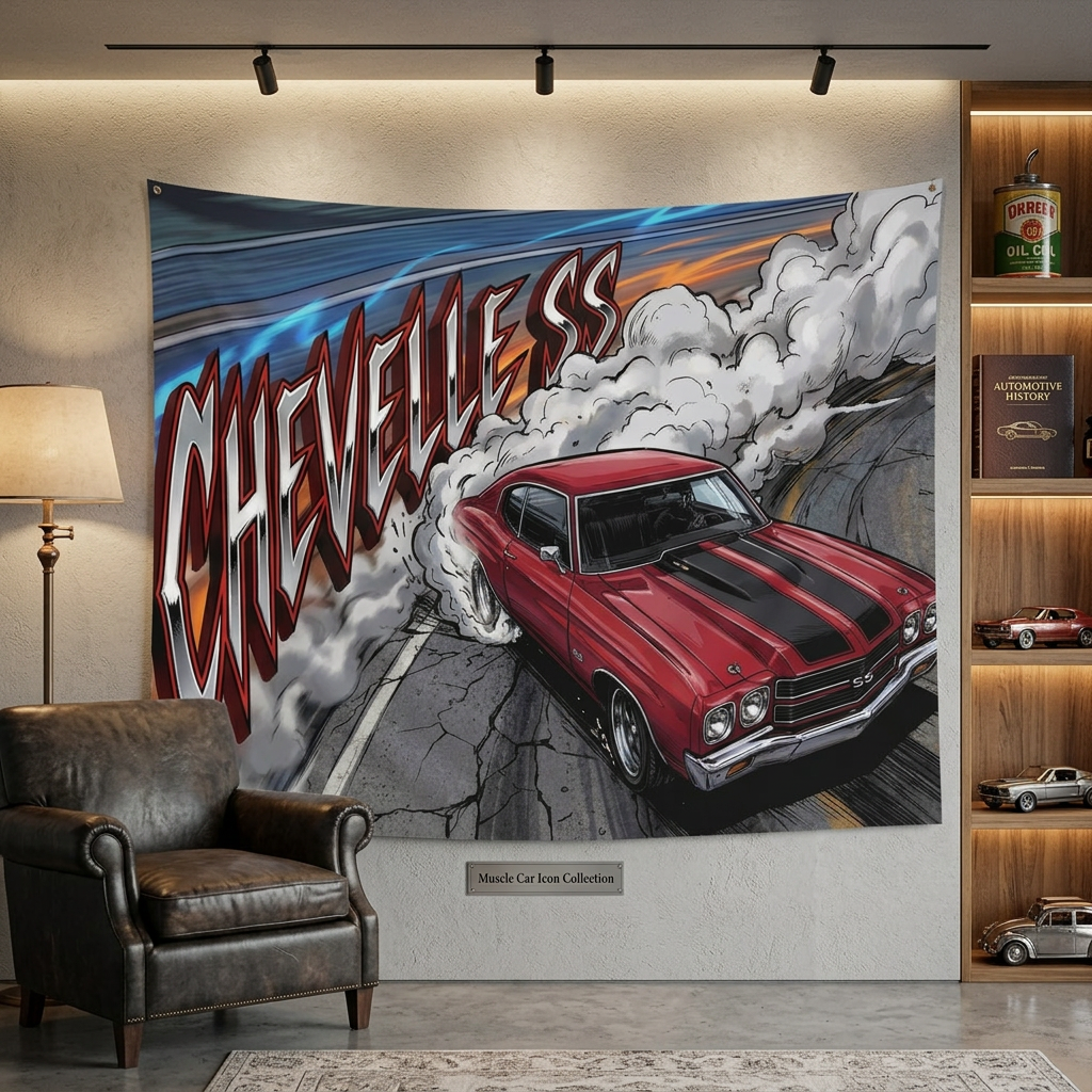 Chevrolet Chevelle SS 1970 Red Black Stripe Chrome Wheels Burnout Bold Graphic Car Wall Art Tapestry
