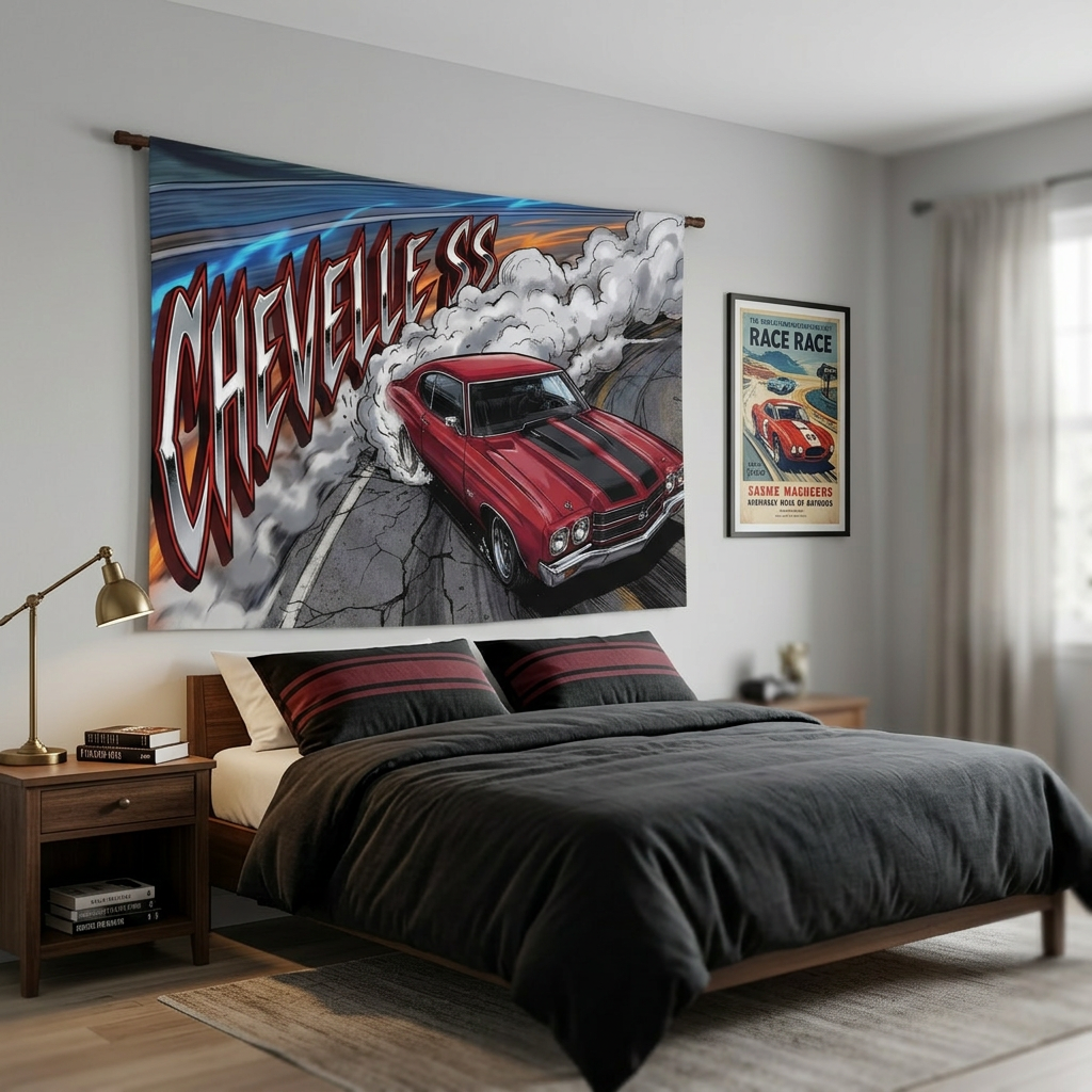 Chevrolet Chevelle SS 1970 Red Black Stripe Chrome Wheels Burnout Bold Graphic Car Wall Art Tapestry