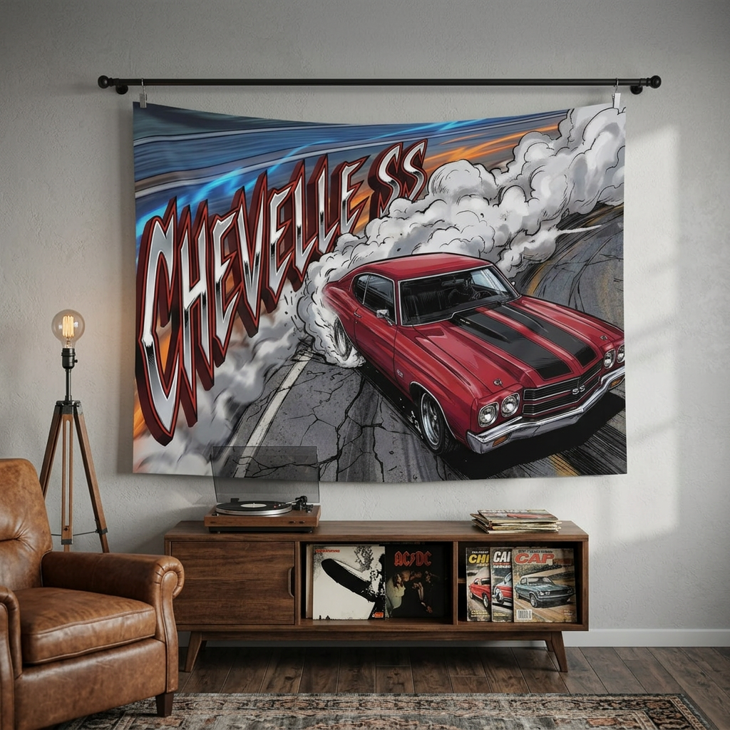 Chevrolet Chevelle SS 1970 Red Black Stripe Chrome Wheels Burnout Bold Graphic Car Wall Art Tapestry