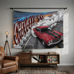 Chevrolet Chevelle SS 1970 Red Black Stripe Chrome Wheels Burnout Bold Graphic Car Wall Art Tapestry