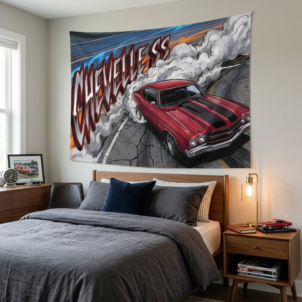 Chevrolet Chevelle SS 1970 Red Black Stripe Chrome Wheels Burnout Bold Graphic Car Wall Art Tapestry