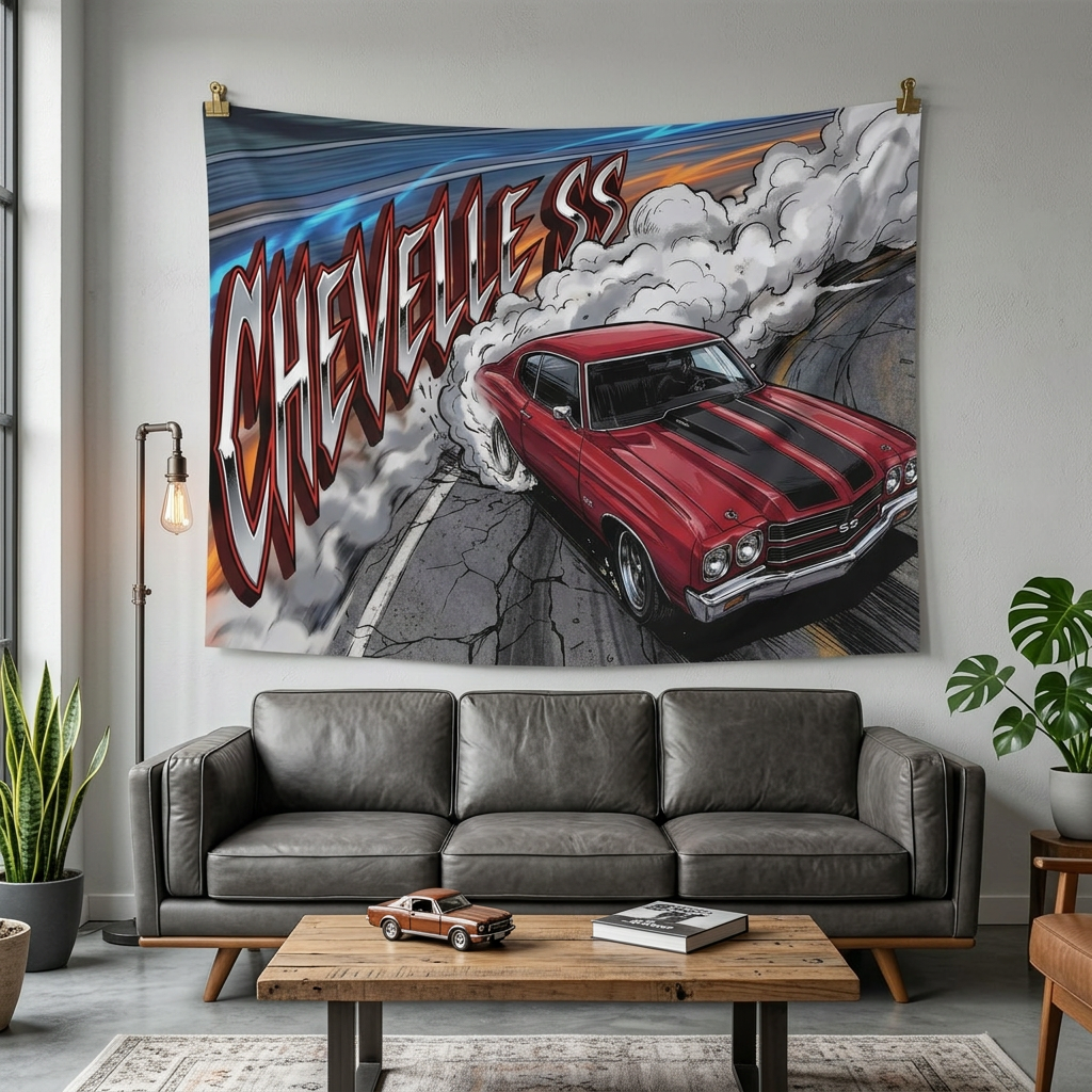 Chevrolet Chevelle SS 1970 Red Black Stripe Chrome Wheels Burnout Bold Graphic Car Wall Art Tapestry