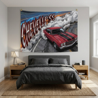 Chevrolet Chevelle SS 1970 Red Black Stripe Chrome Wheels Burnout Bold Graphic Car Wall Art Tapestry