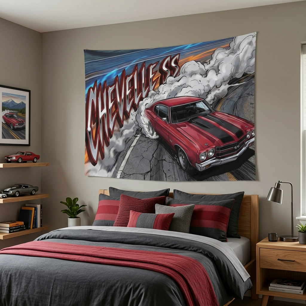 Chevrolet Chevelle SS 1970 Red Black Stripe Chrome Wheels Burnout Bold Graphic Car Wall Art Tapestry