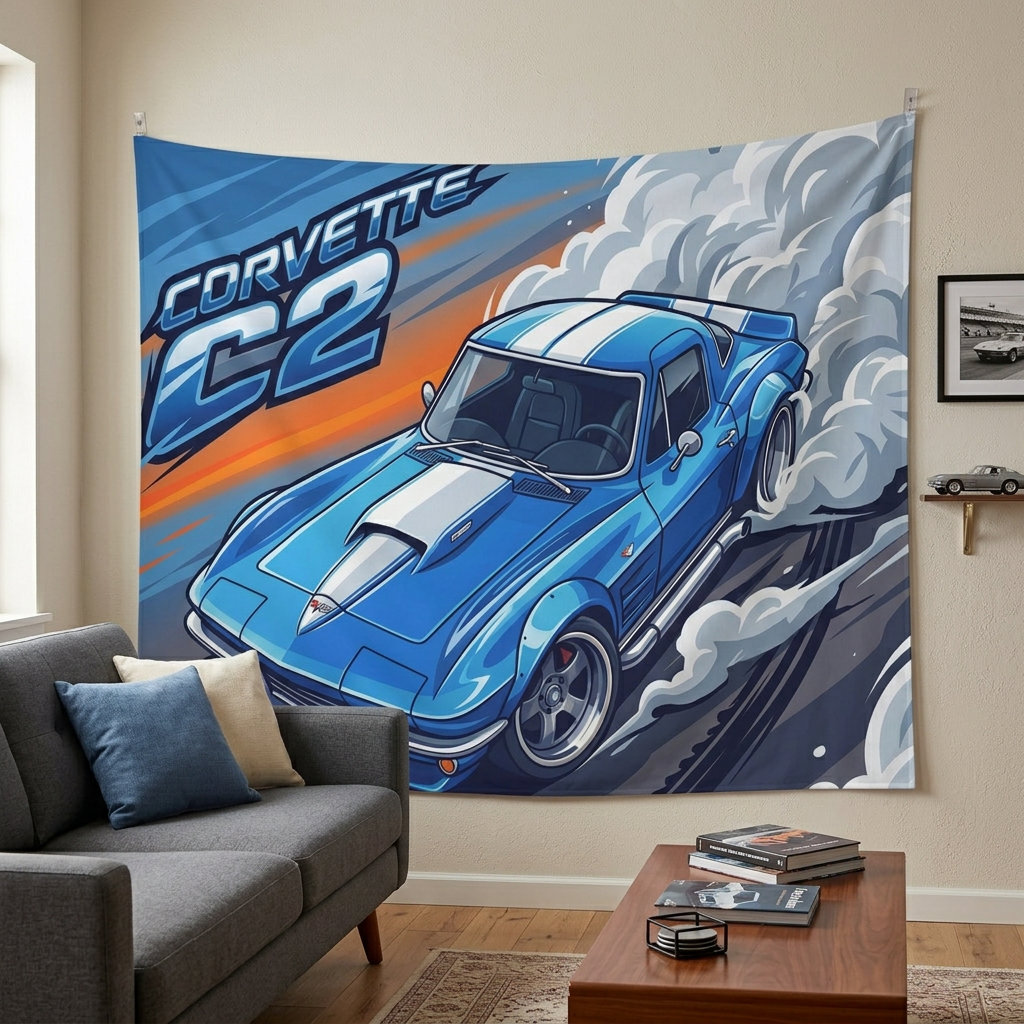 Chevrolet Corvette C2 Stingray Blue White Stripe Aerial Bold Graphic Car Wall Art Tapestry