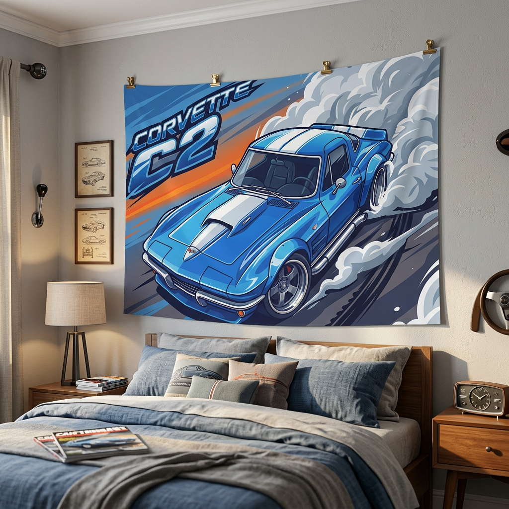 Chevrolet Corvette C2 Stingray Blue White Stripe Aerial Bold Graphic Car Wall Art Tapestry