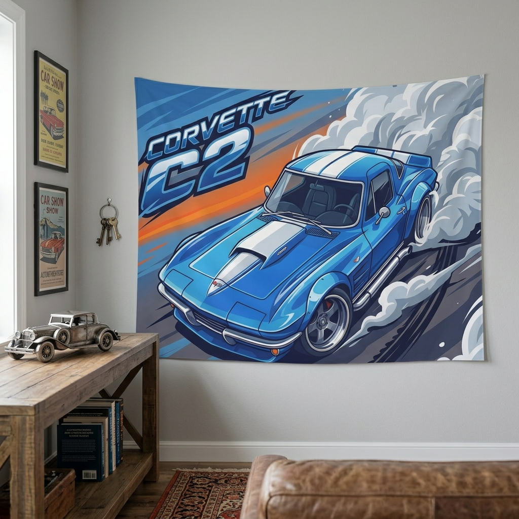 Chevrolet Corvette C2 Stingray Blue White Stripe Aerial Bold Graphic Car Wall Art Tapestry