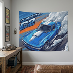 Chevrolet Corvette C2 Stingray Blue White Stripe Aerial Bold Graphic Car Wall Art Tapestry