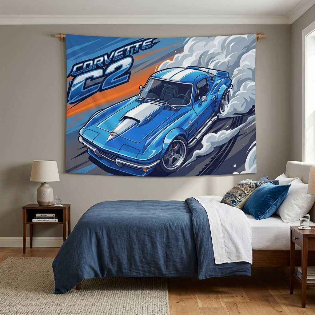 Chevrolet Corvette C2 Stingray Blue White Stripe Aerial Bold Graphic Car Wall Art Tapestry