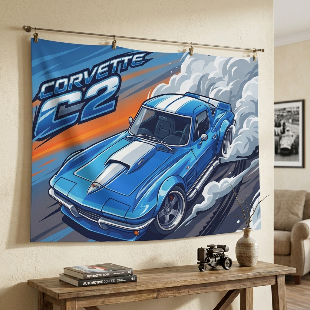 Chevrolet Corvette C2 Stingray Blue White Stripe Aerial Bold Graphic Car Wall Art Tapestry