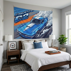 Chevrolet Corvette C2 Stingray Blue White Stripe Aerial Bold Graphic Car Wall Art Tapestry