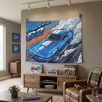 Chevrolet Corvette C2 Stingray Blue White Stripe Aerial Bold Graphic Car Wall Art Tapestry