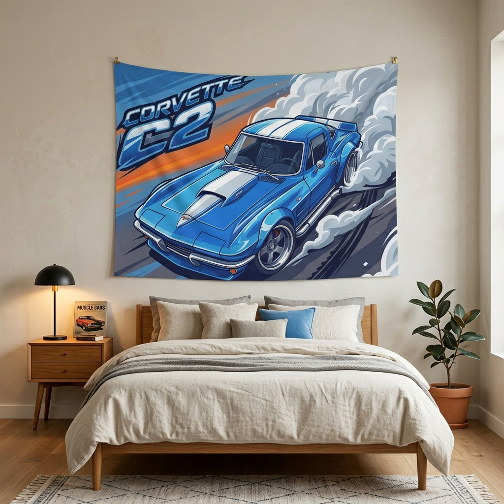 Chevrolet Corvette C2 Stingray Blue White Stripe Aerial Bold Graphic Car Wall Art Tapestry