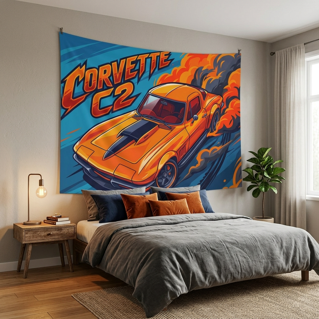 Chevrolet Corvette C2 Stingray Orange Black Stripe Red Interior Aerial Bold Graphic Car Wall Art Tapestry