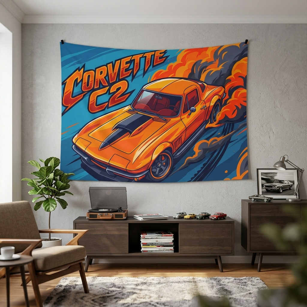 Chevrolet Corvette C2 Stingray Orange Black Stripe Red Interior Aerial Bold Graphic Car Wall Art Tapestry