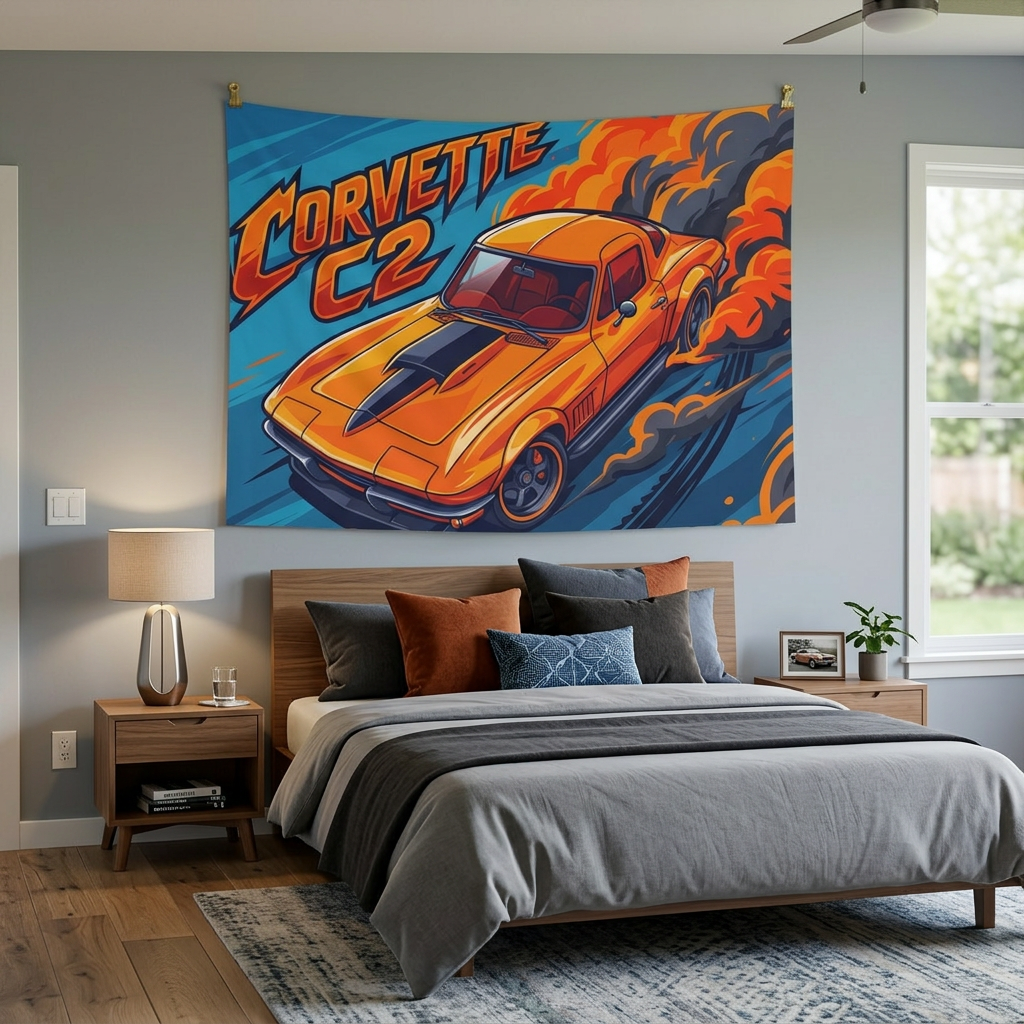 Chevrolet Corvette C2 Stingray Orange Black Stripe Red Interior Aerial Bold Graphic Car Wall Art Tapestry