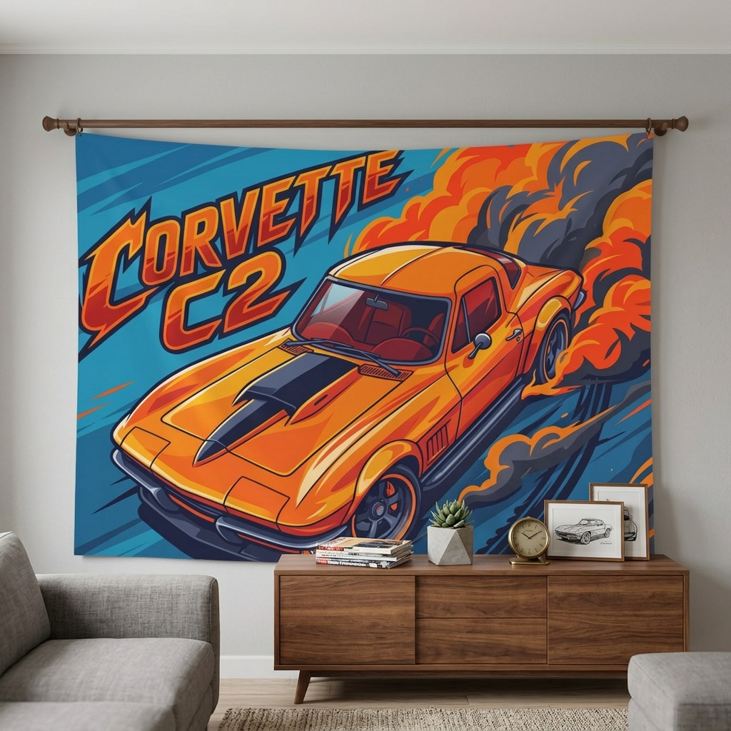 Chevrolet Corvette C2 Stingray Orange Black Stripe Red Interior Aerial Bold Graphic Car Wall Art Tapestry