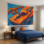 Chevrolet Corvette C2 Stingray Orange Black Stripe Red Interior Aerial Bold Graphic Car Wall Art Tapestry