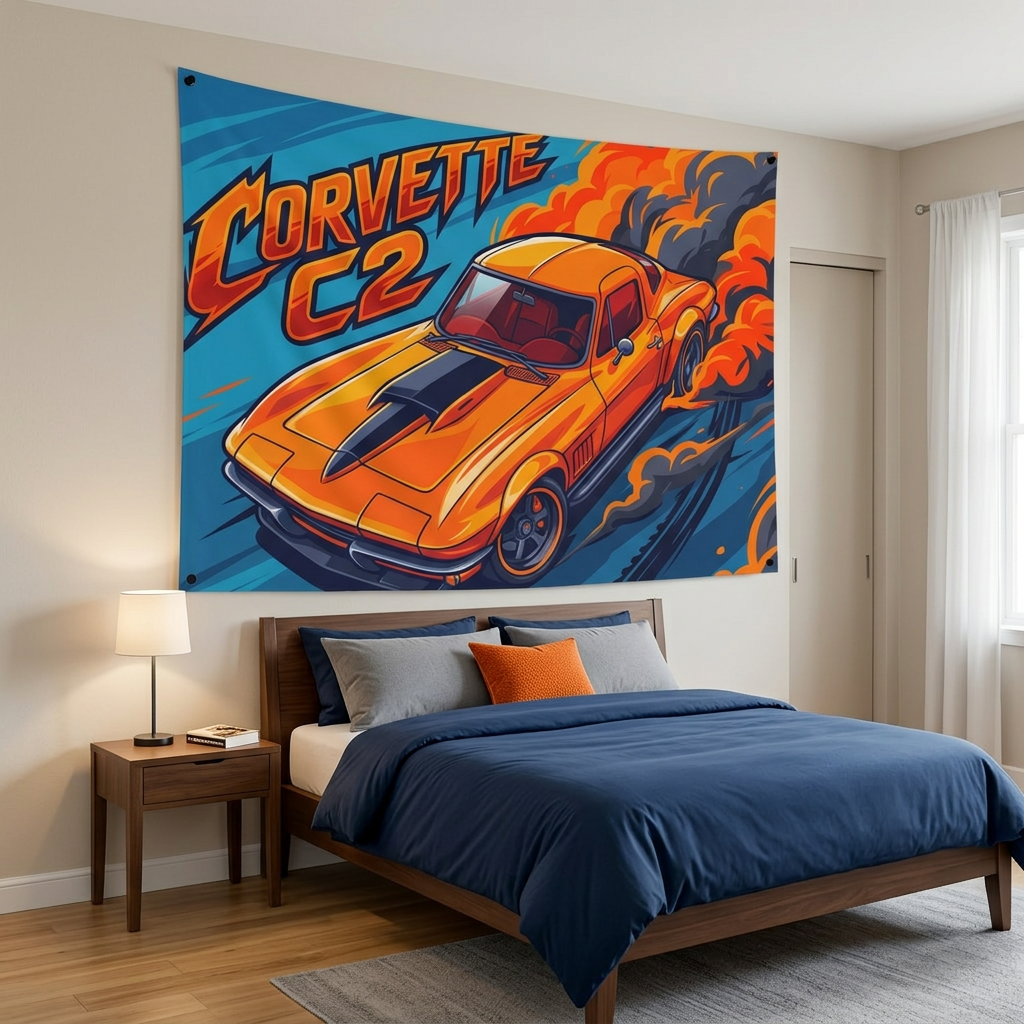 Chevrolet Corvette C2 Stingray Orange Black Stripe Red Interior Aerial Bold Graphic Car Wall Art Tapestry