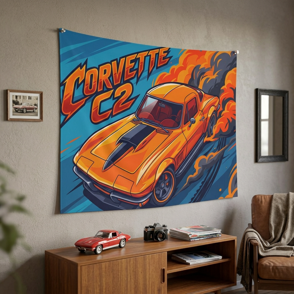 Chevrolet Corvette C2 Stingray Orange Black Stripe Red Interior Aerial Bold Graphic Car Wall Art Tapestry