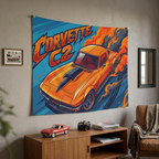 Chevrolet Corvette C2 Stingray Orange Black Stripe Red Interior Aerial Bold Graphic Car Wall Art Tapestry